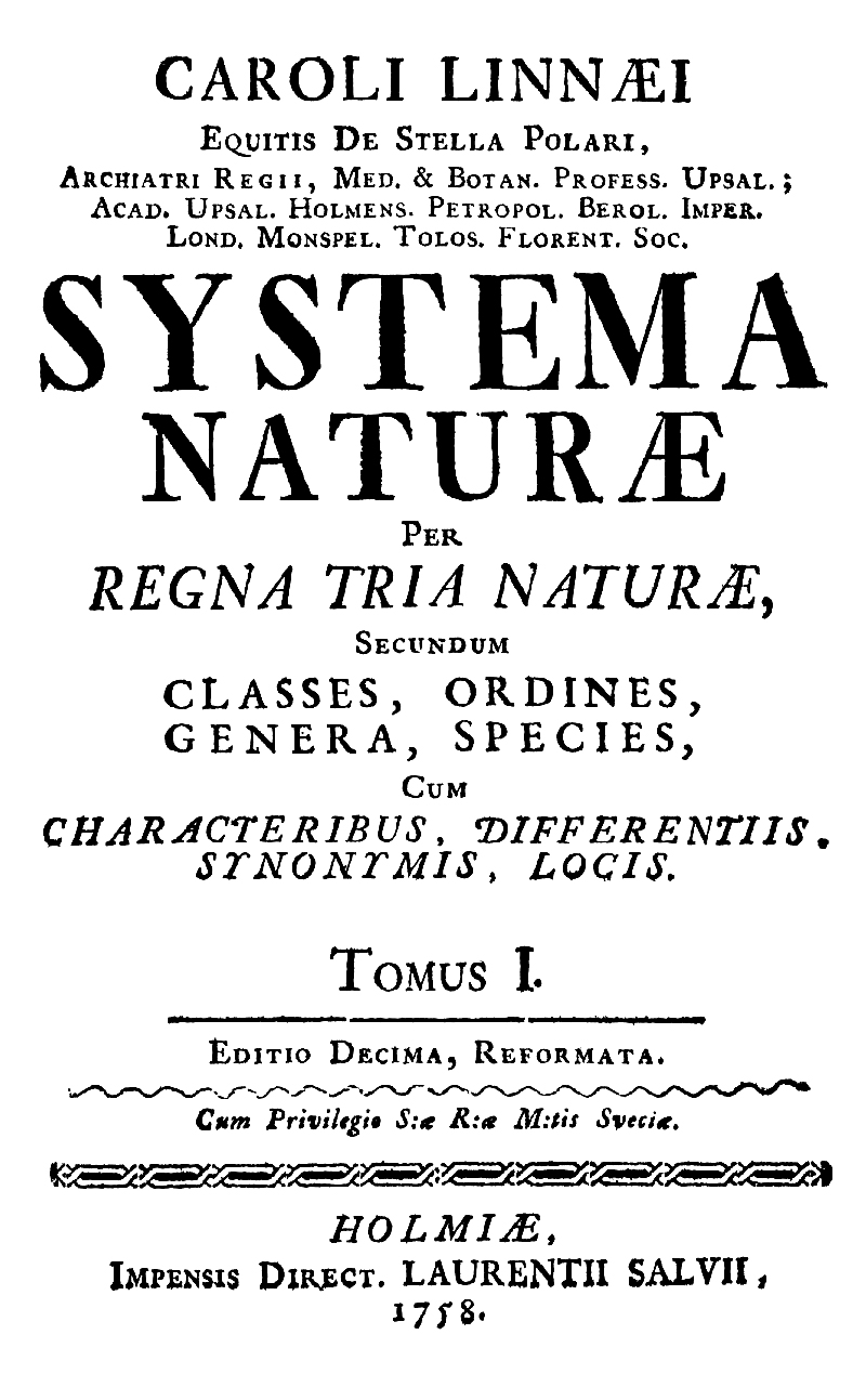 Portada impresa de un libro en latín de 1758 con el título Systema Naturae
