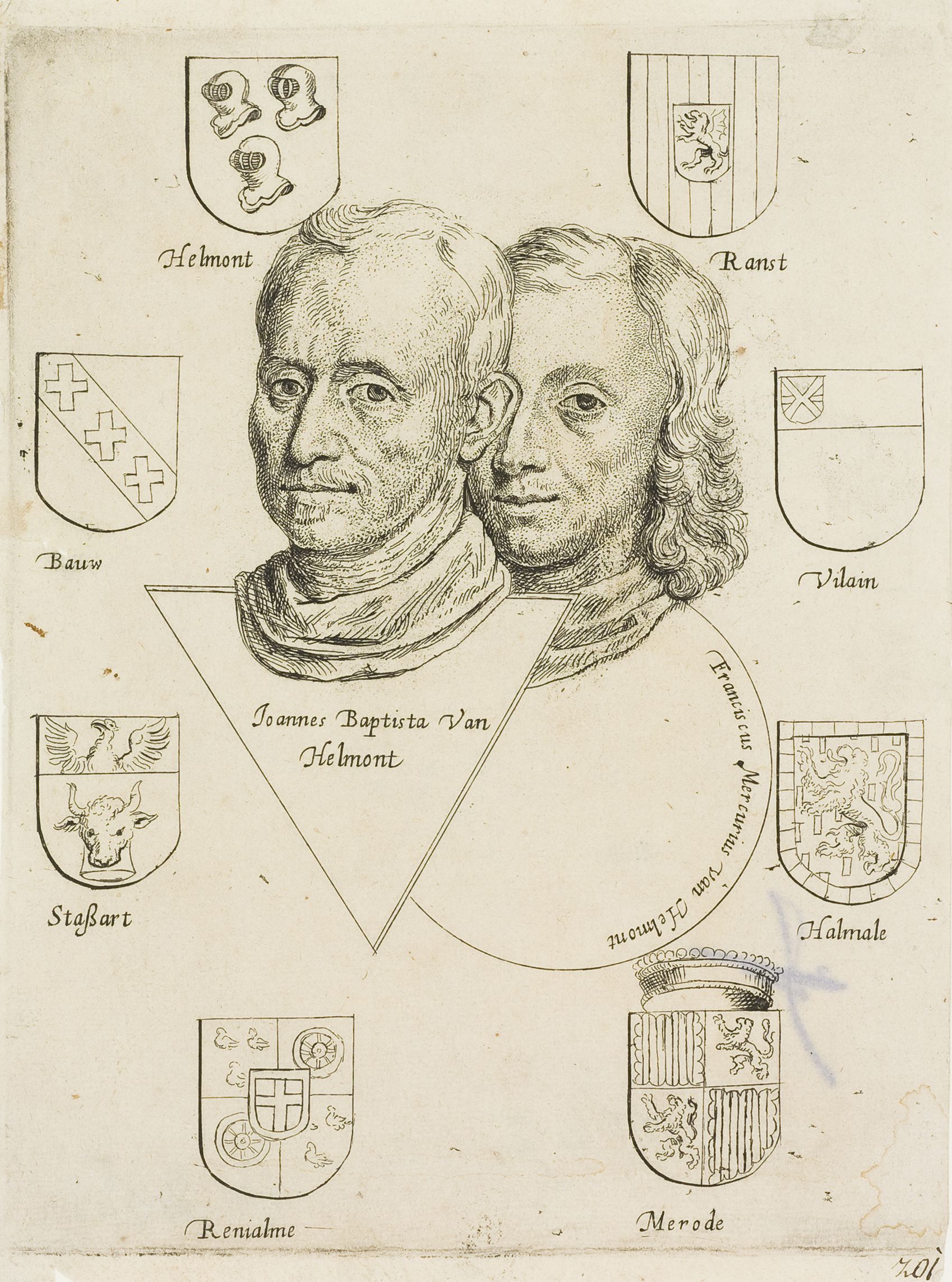 Grabado antiguo con los retratos de dos hombres del siglo XVII con cuellos blancos y ropa oscura, padre e hijo