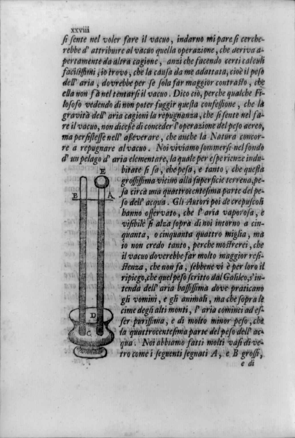 Página impresa en italiano de 1715 con el grabado de dos tubos de vidrio de distinto grosor invertidos sobre una cubeta de mercurio, marcados con las letras A, B, C y D