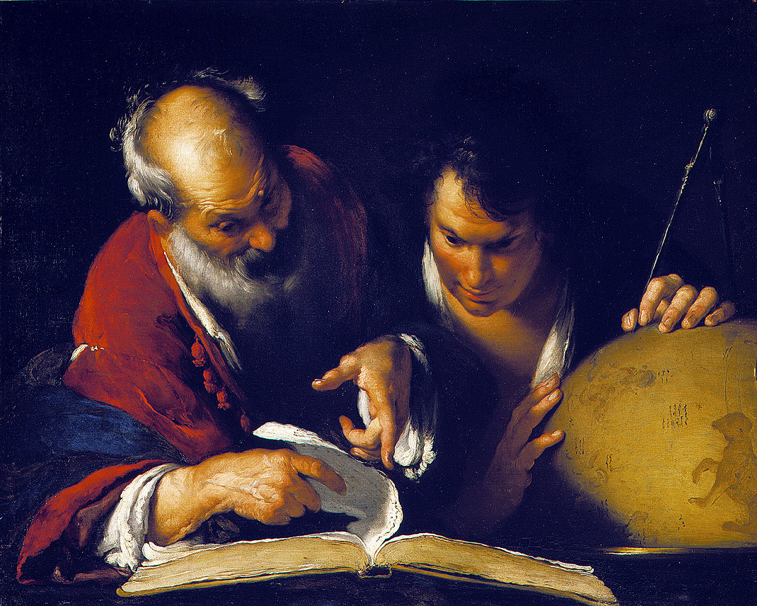 Pintura barroca de un anciano de barba blanca con manto rojo que señala un libro abierto mientras un joven a su lado sostiene un globo terrestre y un compás