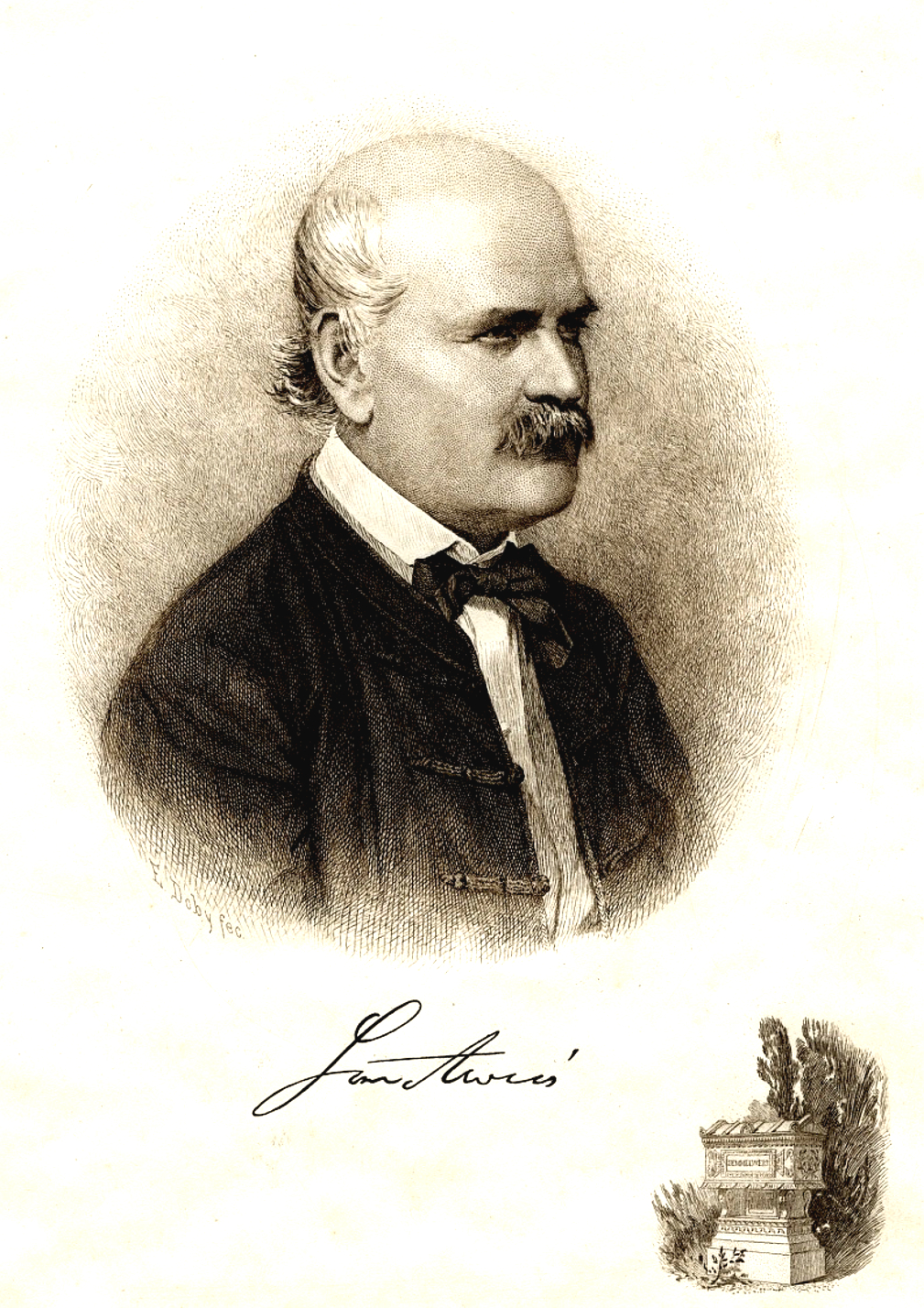 Retrato grabado de un hombre de mediana edad, calvo, con bigote y patillas, traje oscuro y pajarita, con una firma manuscrita debajo