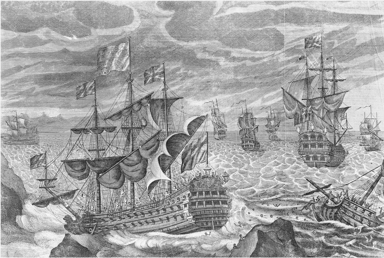 Grabado de un gran navío de guerra de tres palos que naufraga entre rocas y olas, con otros barcos de la flota alrededor