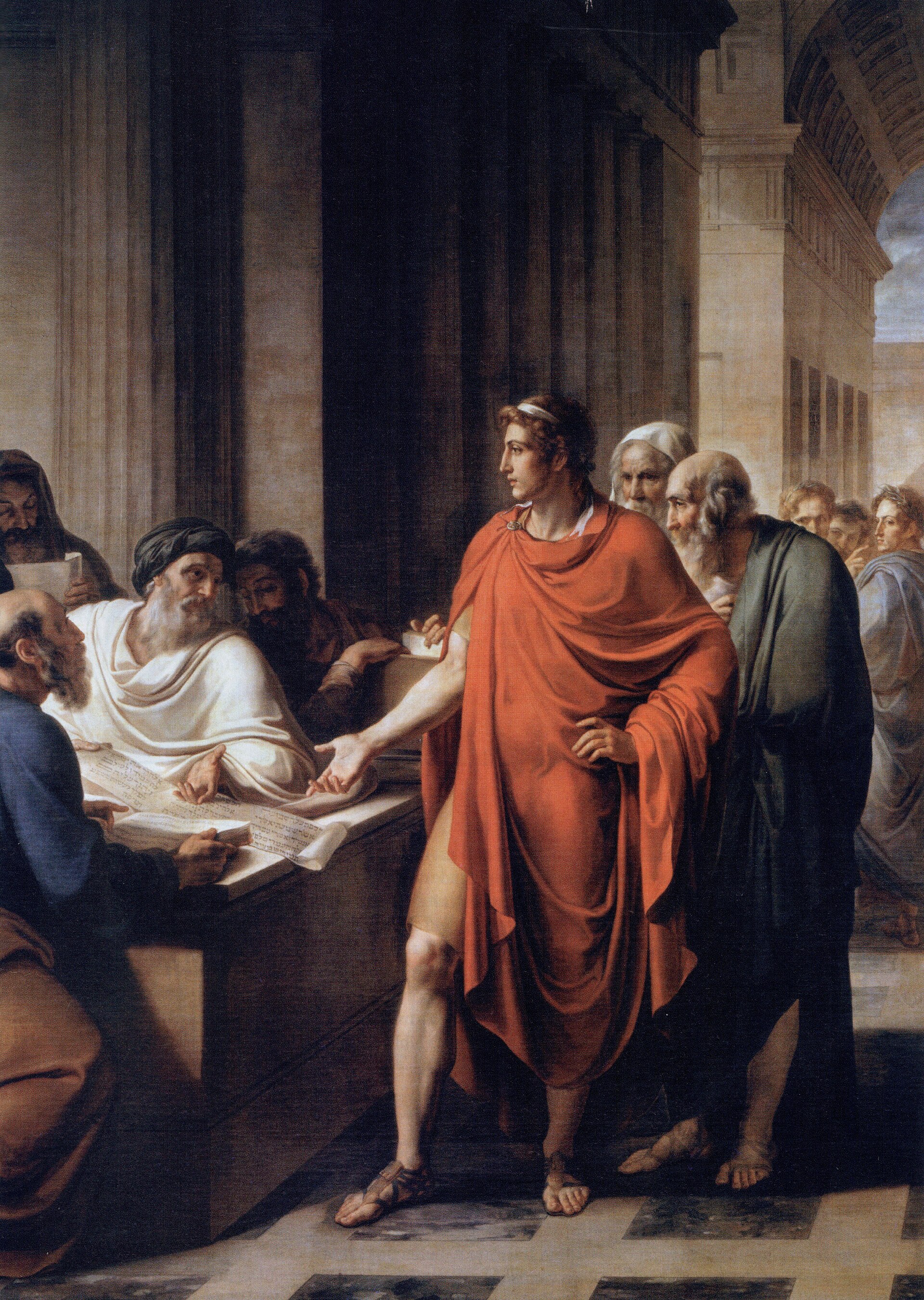 Pintura neoclásica de un rey con manto rojo y corona de laurel, de pie en una sala con columnas, conversando con un grupo de sabios barbudos sentados ante una mesa con rollos