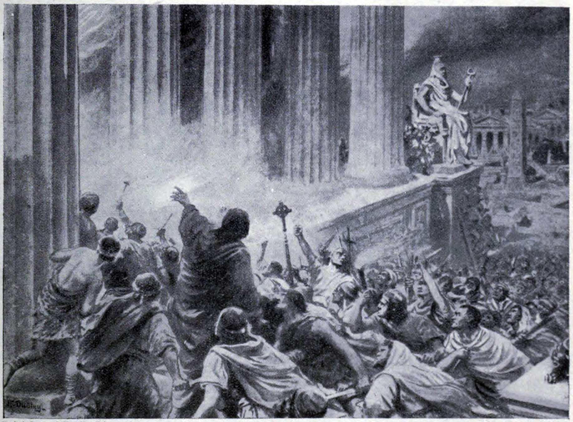 Grabado dramático de una multitud con antorchas y los brazos en alto destruyendo un templo, entre humo, llamas y columnas que se derrumban, con una estatua colosal al fondo
