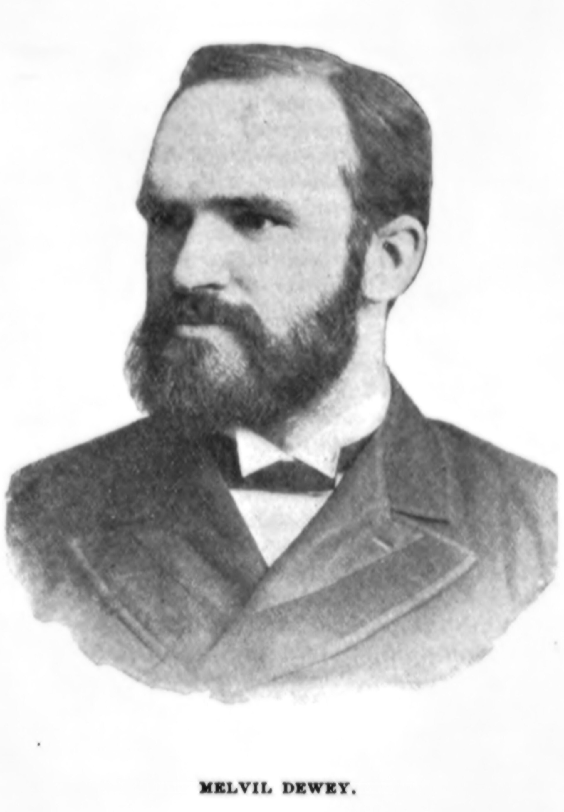 Grabado en blanco y negro de un hombre joven con barba poblada, traje oscuro y corbata de lazo, de medio cuerpo y mirando al frente