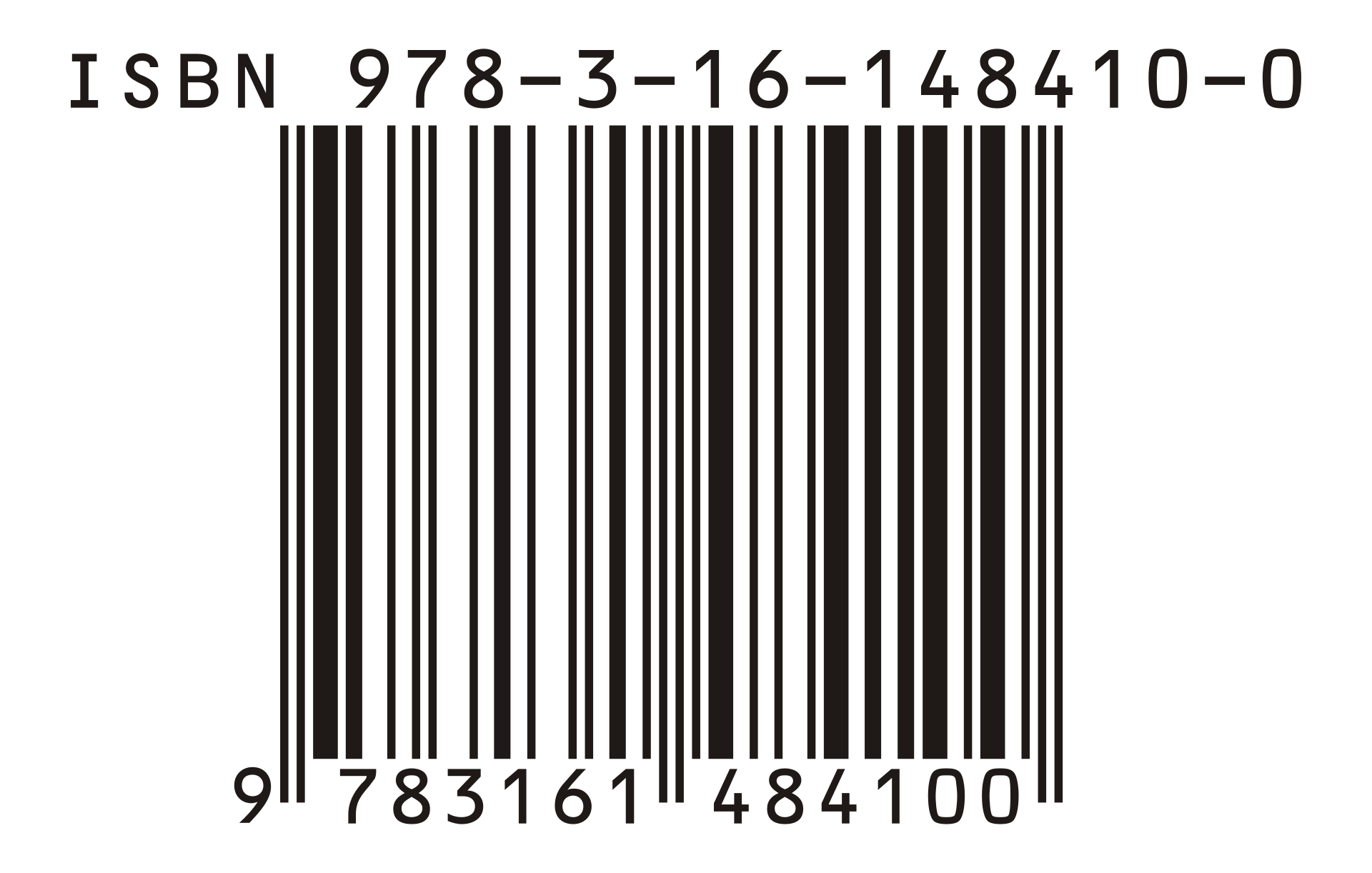 Código de barras de barras negras verticales sobre fondo blanco, con el texto ISBN 978-3-16-148410-0 encima y los números 9 783161 484100 debajo