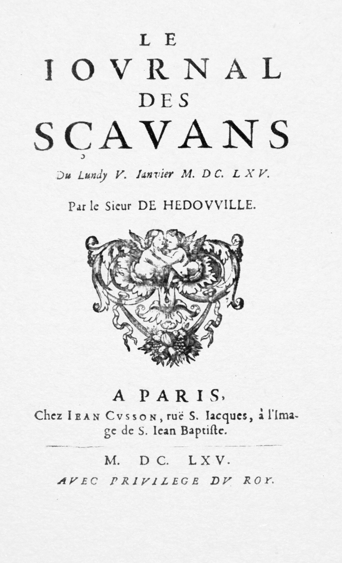 Portada tipográfica antigua con el título Le Journal des Sçavans en mayúsculas, la fecha lunes 5 de enero de 1665, un pequeño grabado ornamental y el pie de imprenta de París