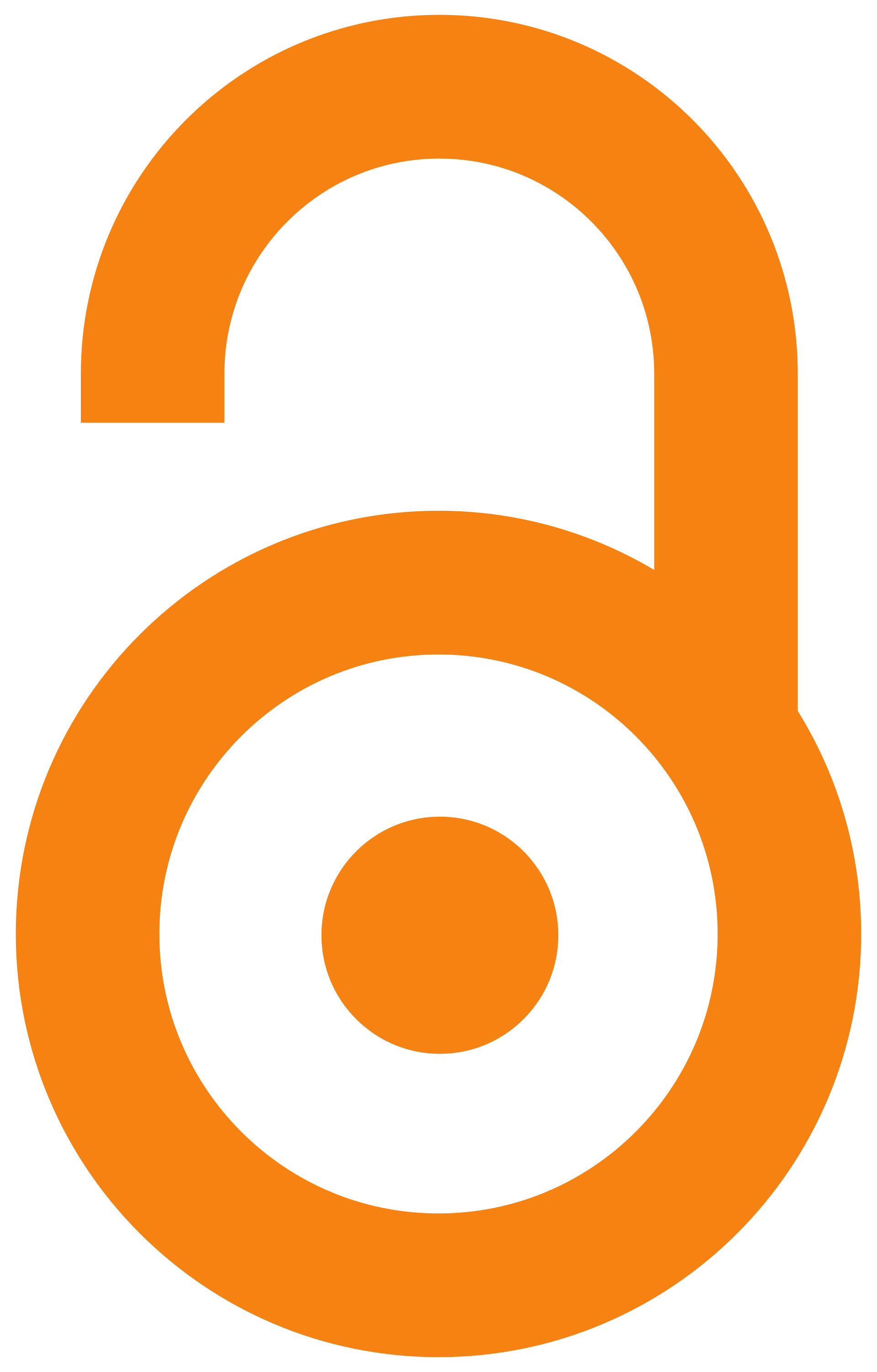 Logotipo naranja en forma de candado abierto, con el arco superior separado del cuerpo circular, sobre fondo blanco