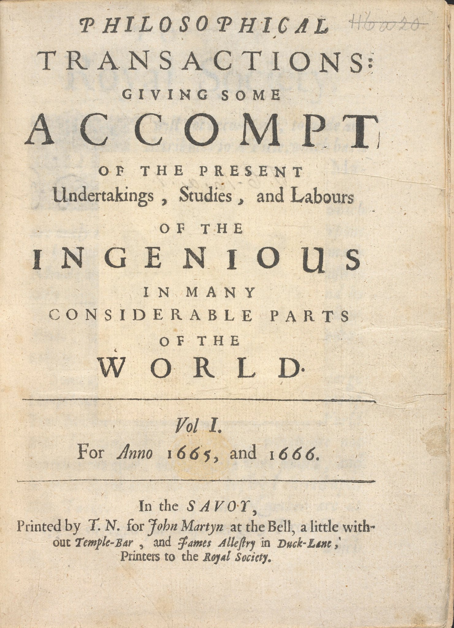 Portada de libro antiguo en papel amarillento con el título Philosophical Transactions en mayúsculas grandes y la indicación Vol. I for anno 1665 and 1666