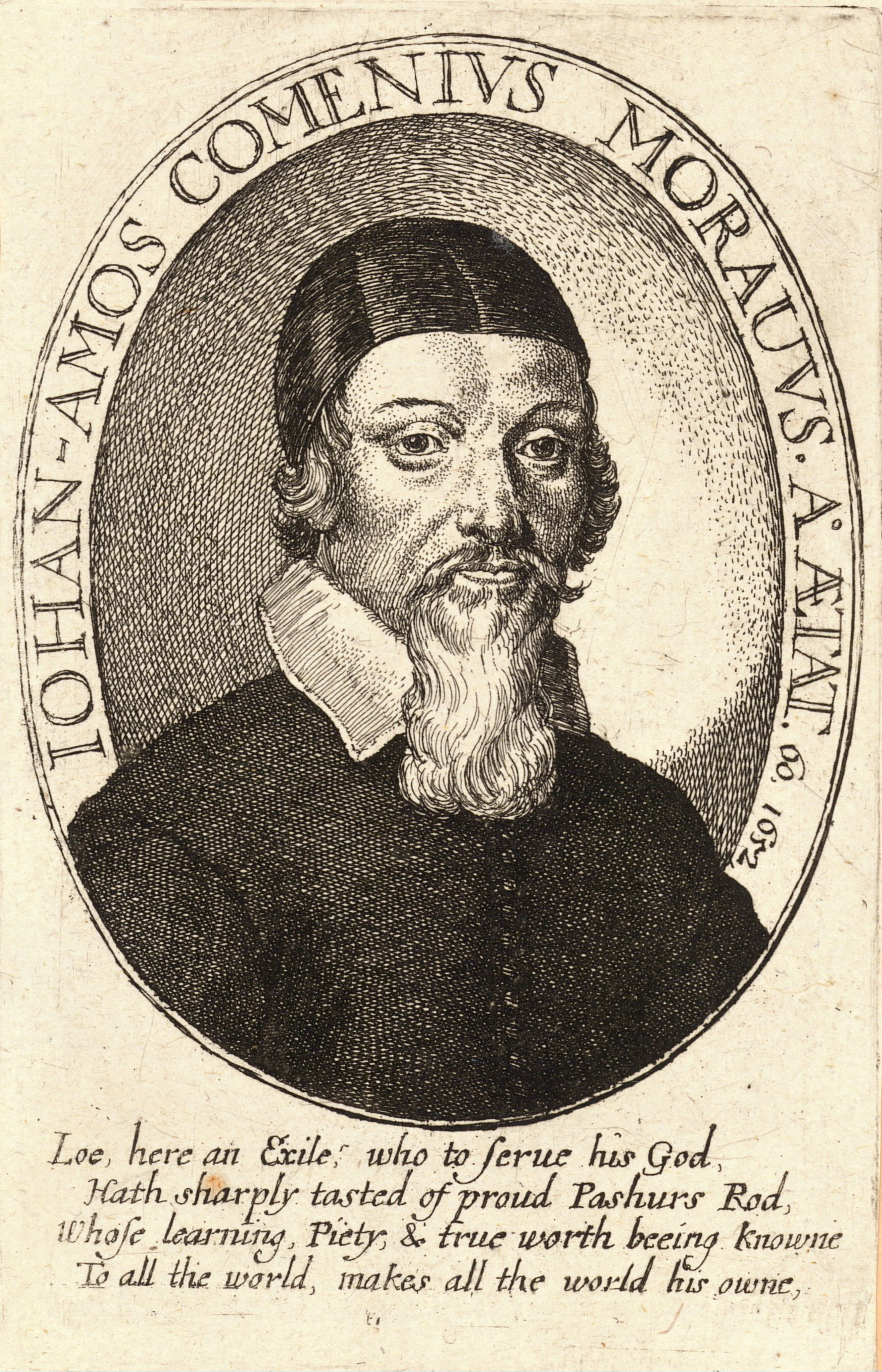 Grabado antiguo de un hombre mayor con barba larga y blanca, gorro negro y cuello blanco, dentro de un marco ovalado con una inscripción latina alrededor y cuatro versos en inglés debajo