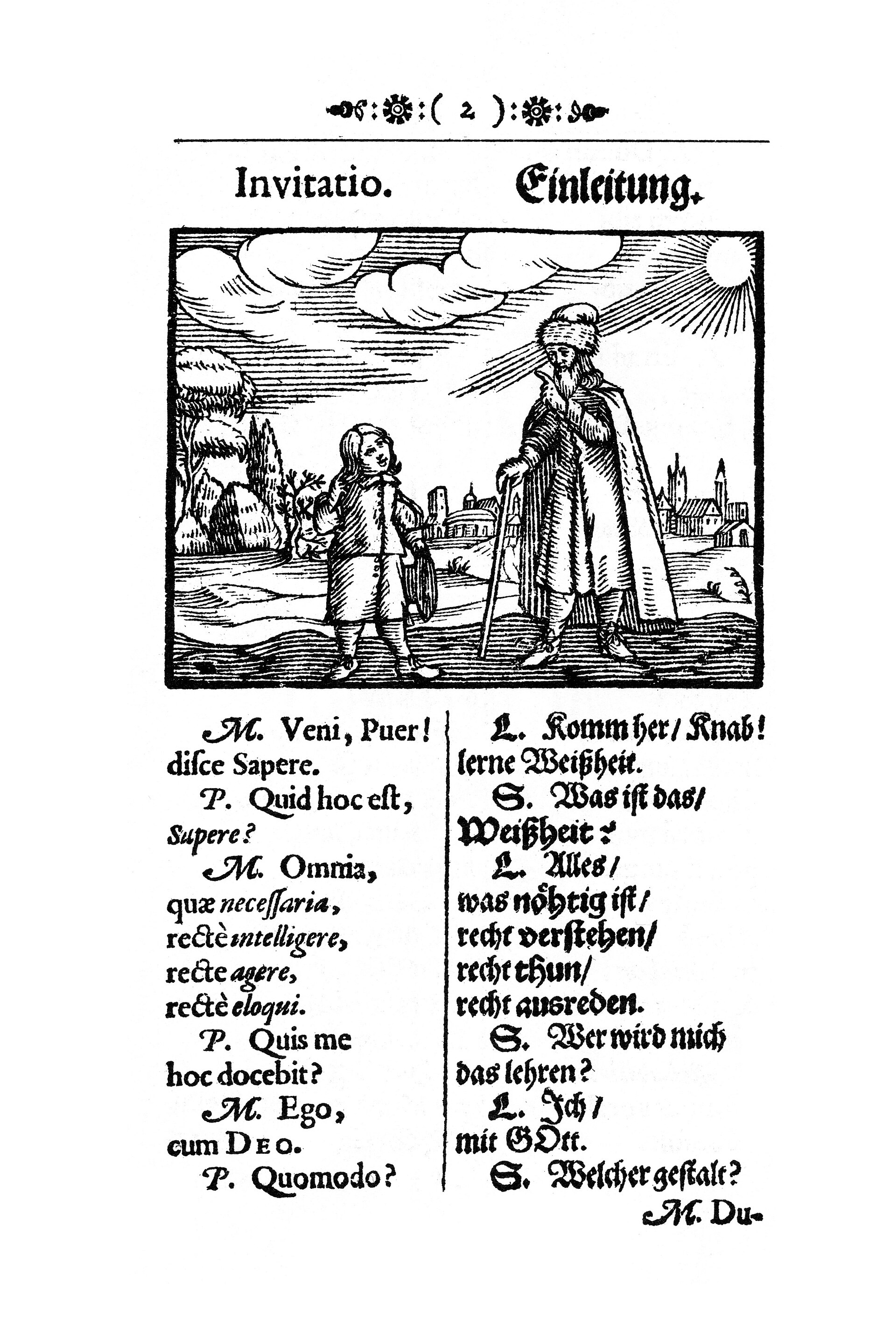 Página de libro antiguo con un grabado de un maestro barbudo con bastón que habla a un niño en un paisaje, y debajo un diálogo en dos columnas, en latín y en alemán