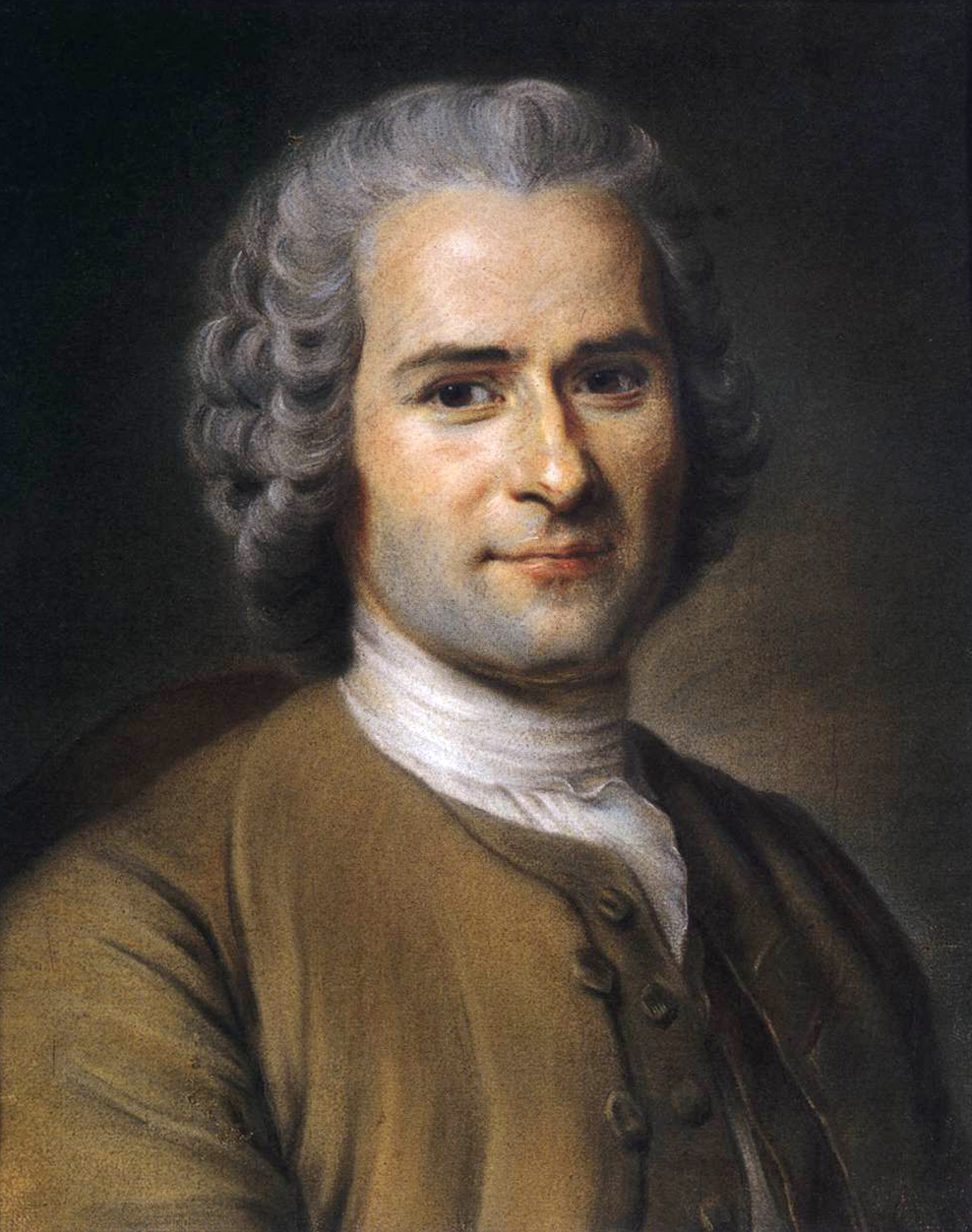 Retrato al pastel de un hombre de mediana edad con peluca gris empolvada, chaqueta marrón y pañuelo blanco al cuello, que sonríe levemente mirando al espectador