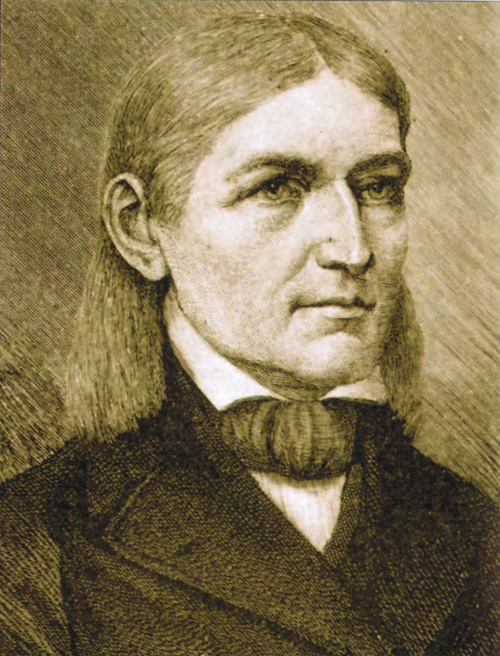 Retrato grabado en tonos sepia de un hombre de mediana edad con el pelo largo peinado hacia atrás, cara alargada y chaqueta oscura con cuello alto