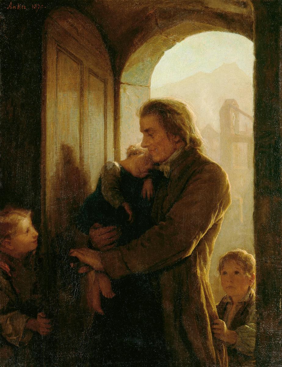 Pintura de un hombre mayor con abrigo marrón que abraza a un niño en el umbral de una puerta en arco, rodeado de otros niños pobres y descalzos, con un paisaje de montaña al fondo