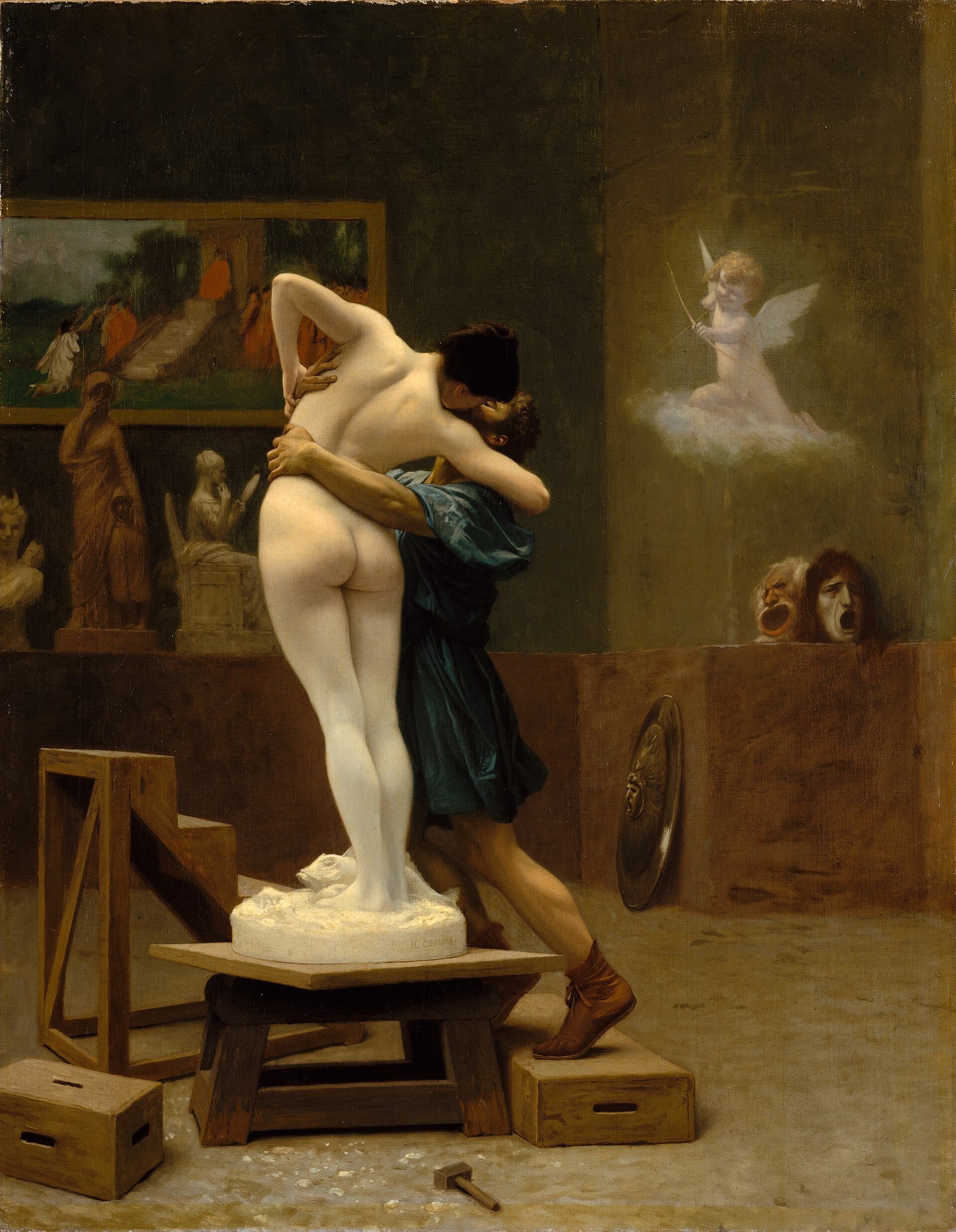 Pintura de un taller de escultor en el que un hombre abraza a una estatua de mujer desnuda que cobra vida desde la cintura, mientras un pequeño Cupido apunta con su arco desde lo alto