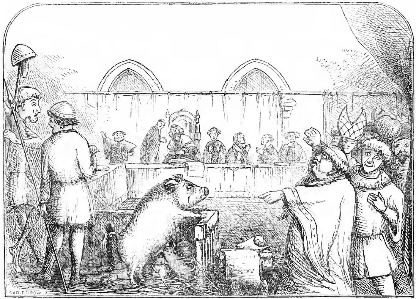 Grabado de una sala de tribunal medieval con jueces sentados al fondo, una cerda de pie en el centro junto a un hombre con capucha, y público con gorros alrededor que la señala