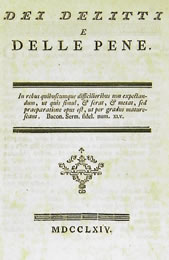 Portada de un libro del siglo XVIII con el título Dei delitti e delle pene en letras grandes, una cita en latín, un pequeño adorno y la fecha MDCCLXIV