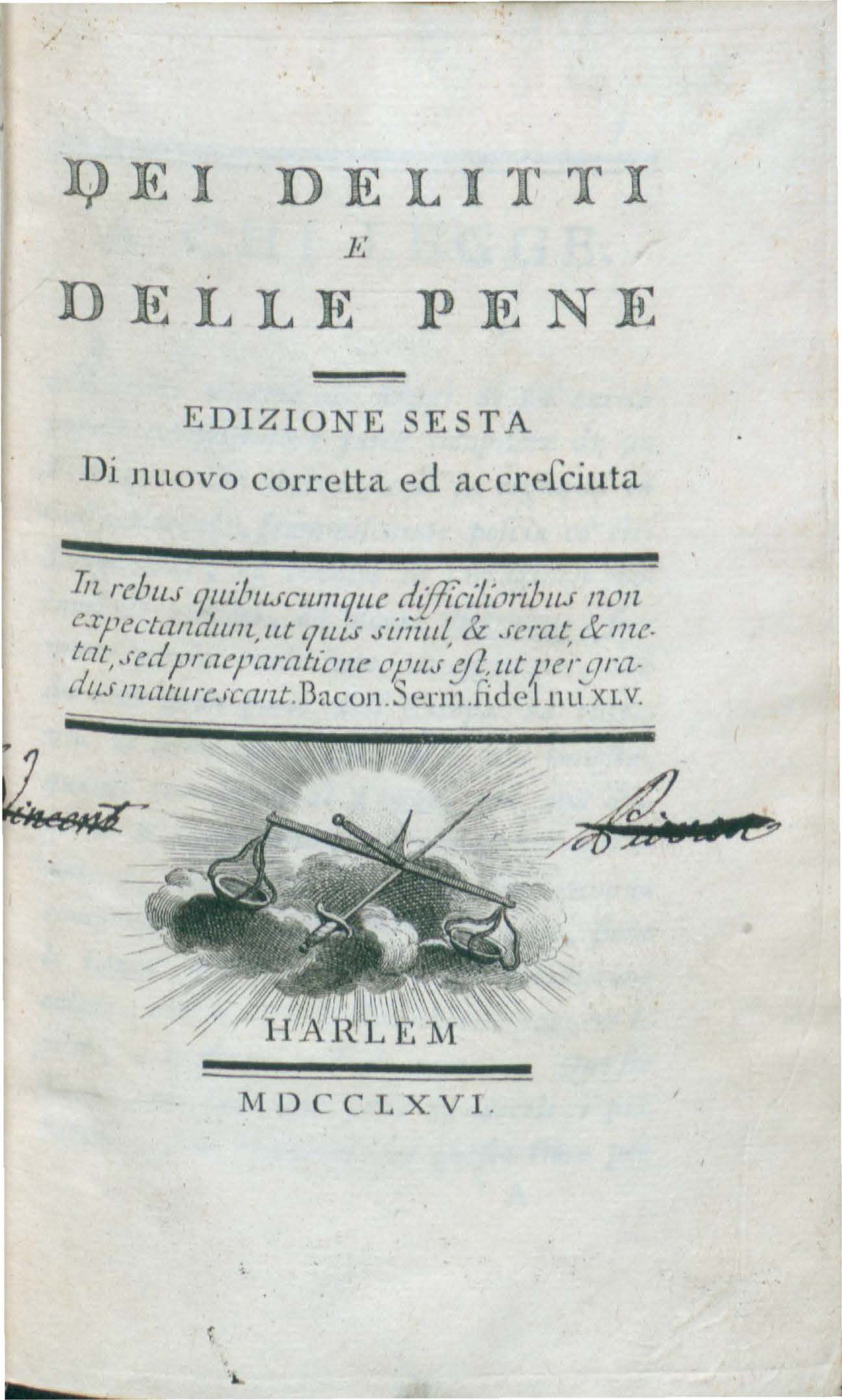 Portada de libro del siglo XVIII con el título, la indicación edizione sesta, una cita en latín, un grabado alegórico pequeño y la fecha MDCCLXVI