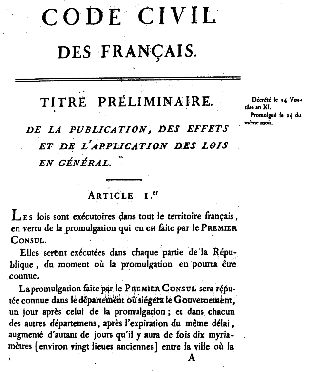 Página impresa con el encabezamiento Code civil des Français, Titre préliminaire, y el texto del artículo primero sobre la publicación de las leyes