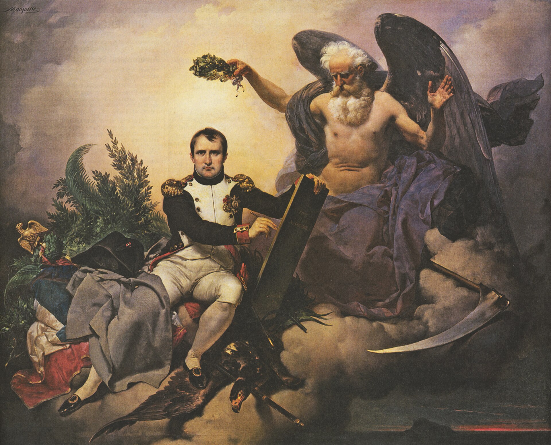 Pintura alegórica con Napoleón sentado escribiendo sobre una tabla de piedra, mientras un anciano alado con guadaña le corona con laurel y otras figuras flotan entre nubes