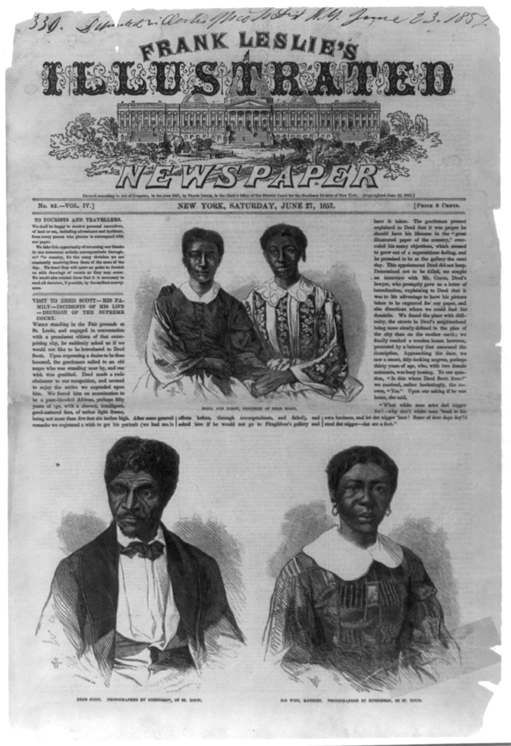 Portada de un periódico ilustrado de 1857 con grabados de un hombre negro, una mujer negra y dos niñas, bajo la cabecera Frank Leslie's Illustrated Newspaper