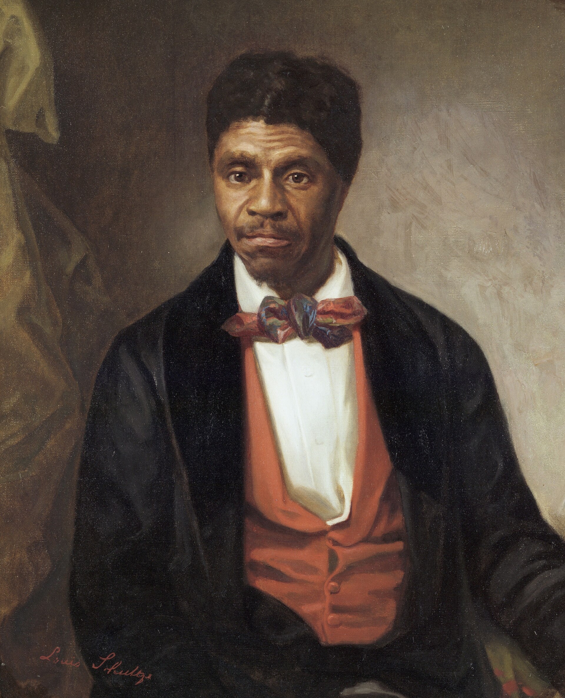 Retrato al óleo de un hombre negro de mediana edad con barba corta, traje oscuro, chaleco rojo y pajarita, mirando de frente