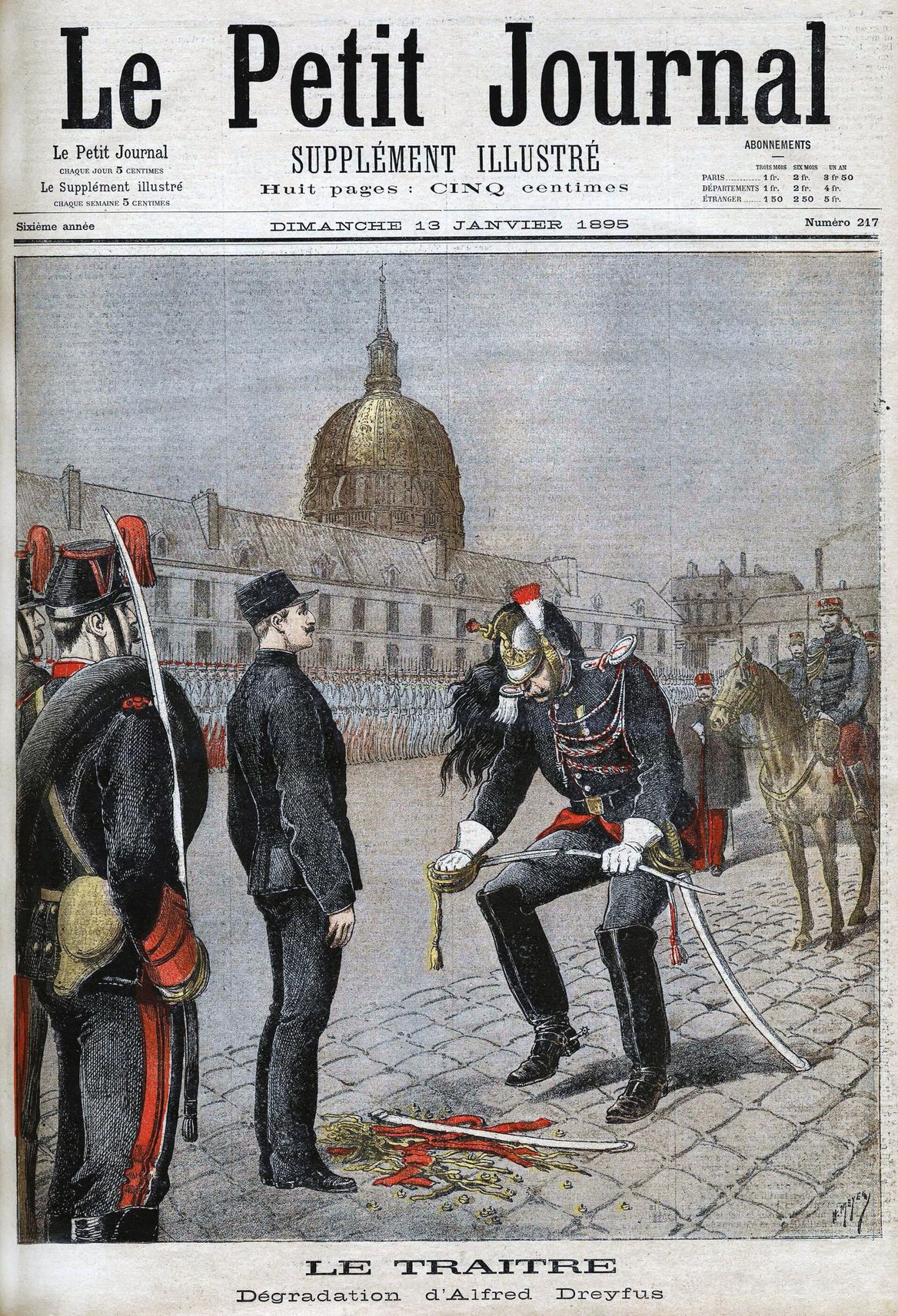 Portada ilustrada en color de Le Petit Journal con un oficial que rompe el sable de un capitán en uniforme ante soldados formados, bajo el titular Le traître