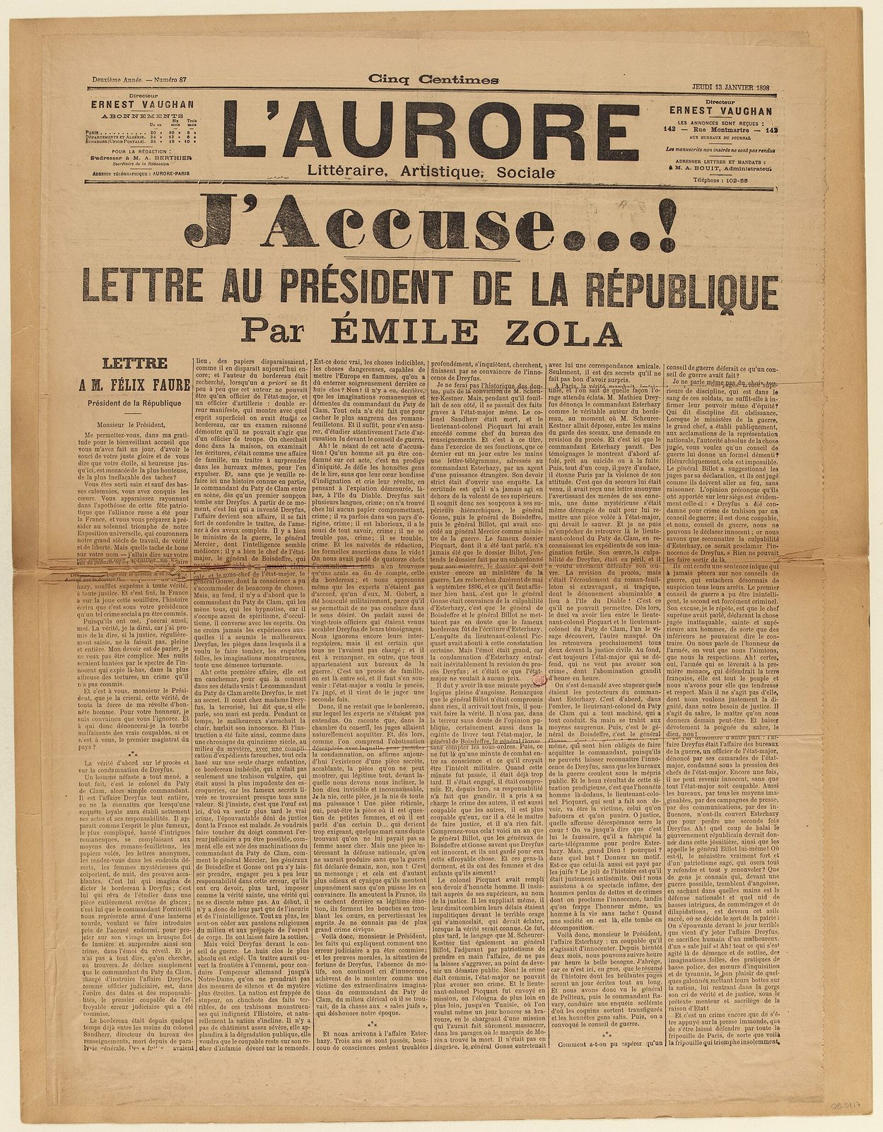 Primera plana de un periódico con el titular J'accuse en letras grandes y el texto de la carta en columnas apretadas