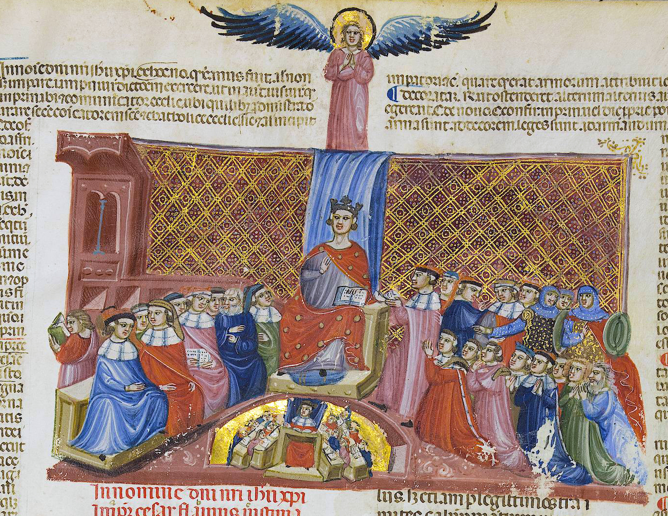 Miniatura medieval de colores vivos con un emperador sentado en el centro, rodeado de figuras que le presentan libros, sobre un texto en latín en dos columnas