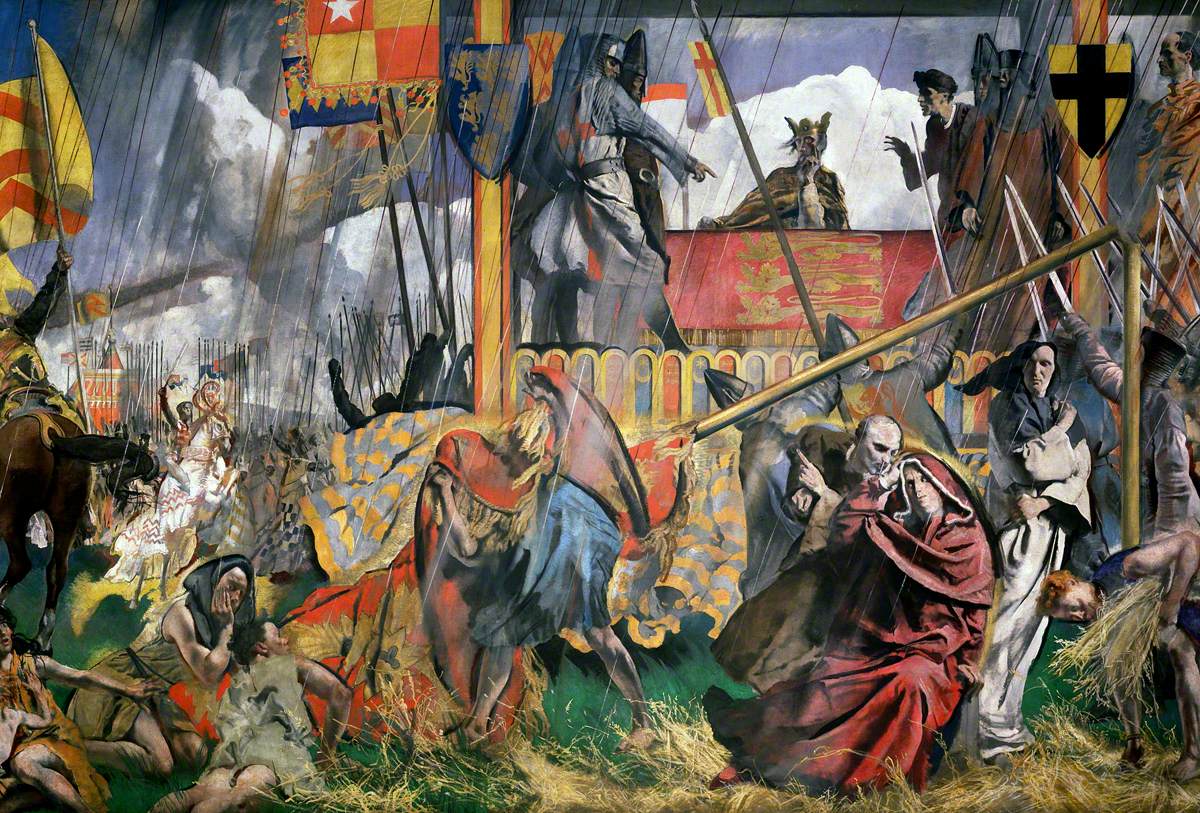 Pintura de colores intensos con un rey sentado bajo un dosel ante una multitud de barones con armaduras y estandartes, uno de los cuales le presenta un pergamino