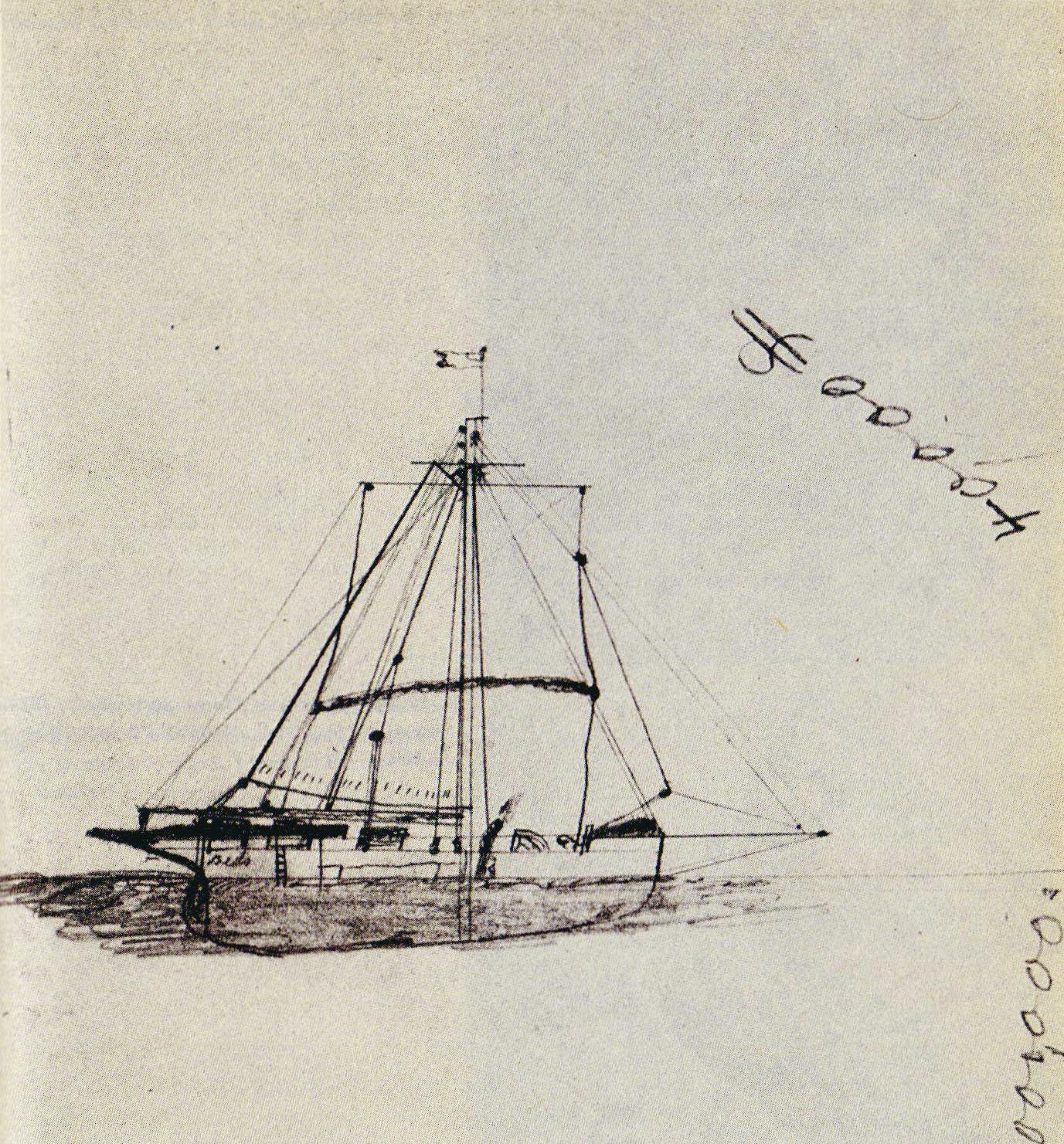Dibujo a tinta de un velero de dos palos navegando, con una anotación manuscrita en diagonal