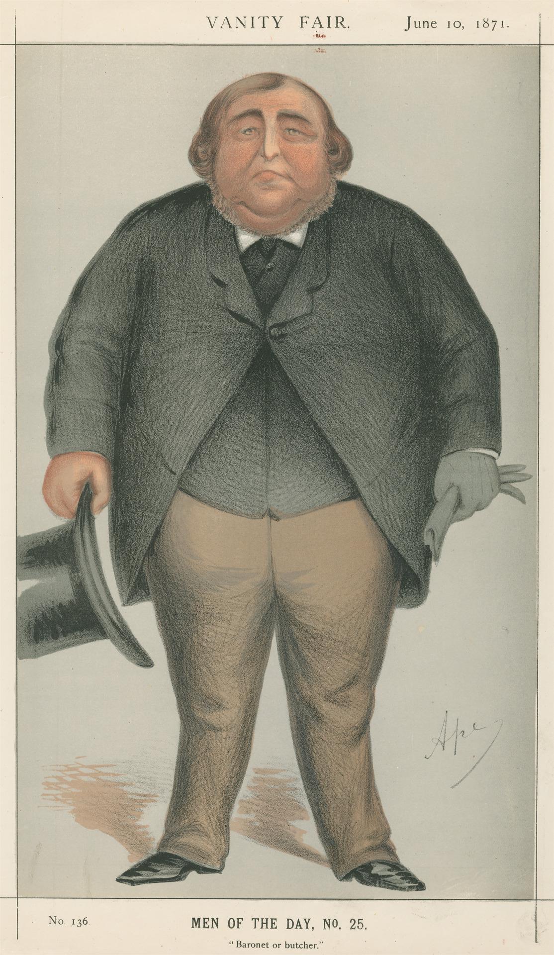 Caricatura en color de un hombre muy grueso de pie con levita, chaleco y pantalón claro, sombrero de copa en la mano y cara redonda y satisfecha