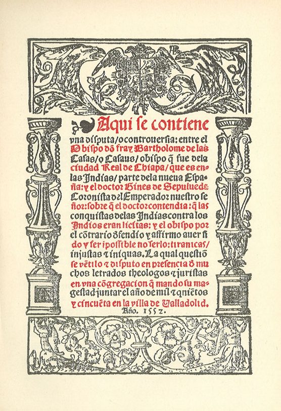 Portada de un libro antiguo con orla decorada de columnas y motivos vegetales y un texto en letra gótica negra y roja