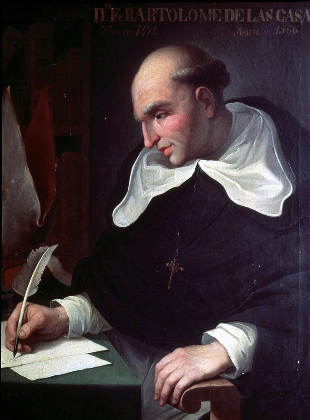 Retrato al óleo de un fraile dominico calvo con hábito blanco y negro que escribe con una pluma sentado a una mesa