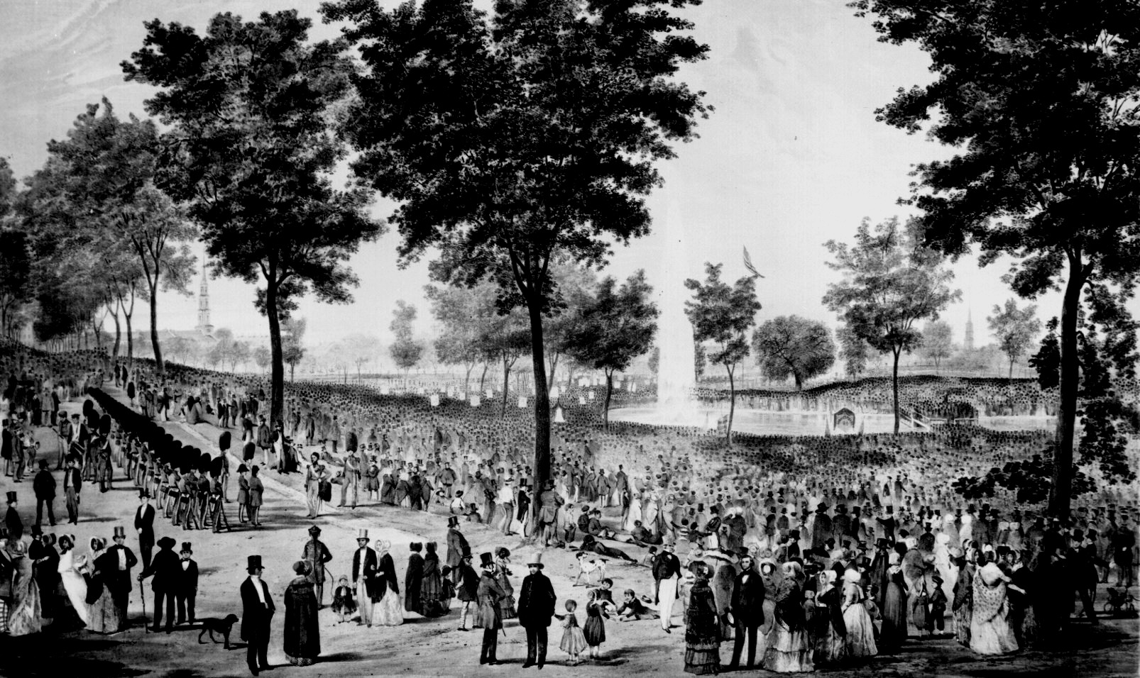 Grabado de 1848 del Boston Common lleno de gente durante una celebración