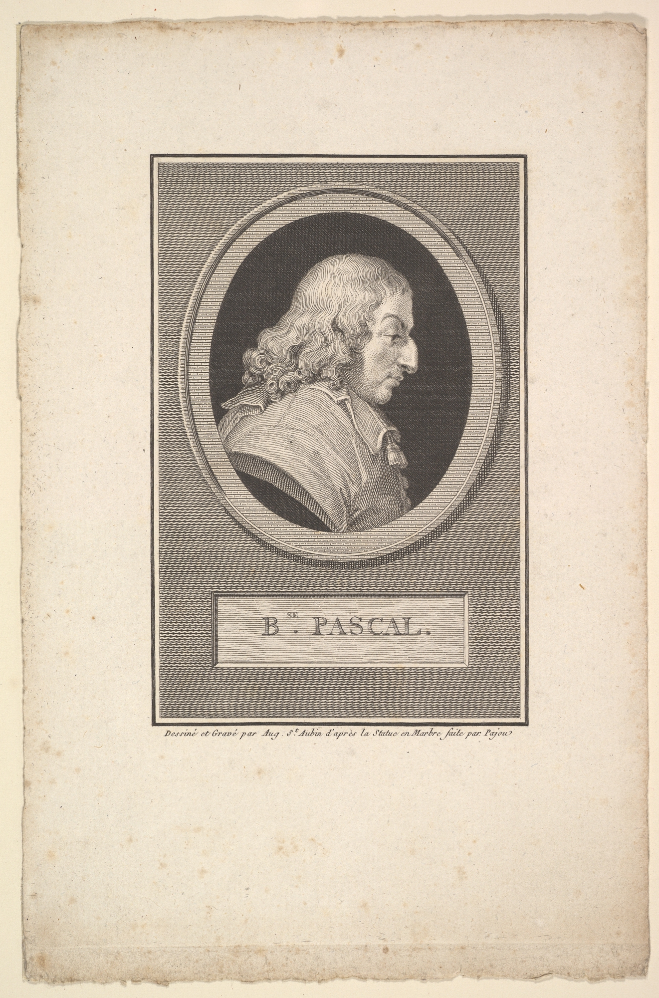 Grabado con el retrato de Blaise Pascal, de busto, con ropa oscura del siglo XVII
