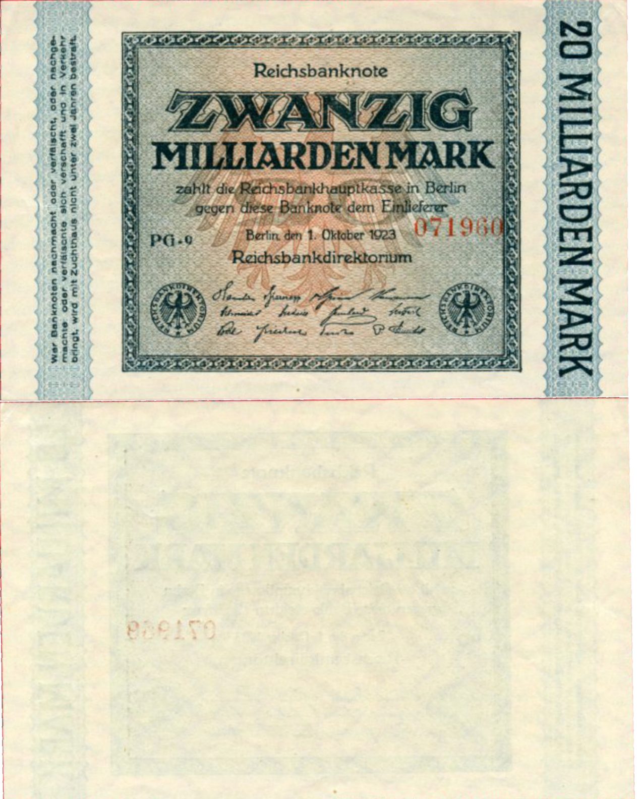 Billete alemán de veinte mil millones de marcos de octubre de 1923, con el reverso en blanco