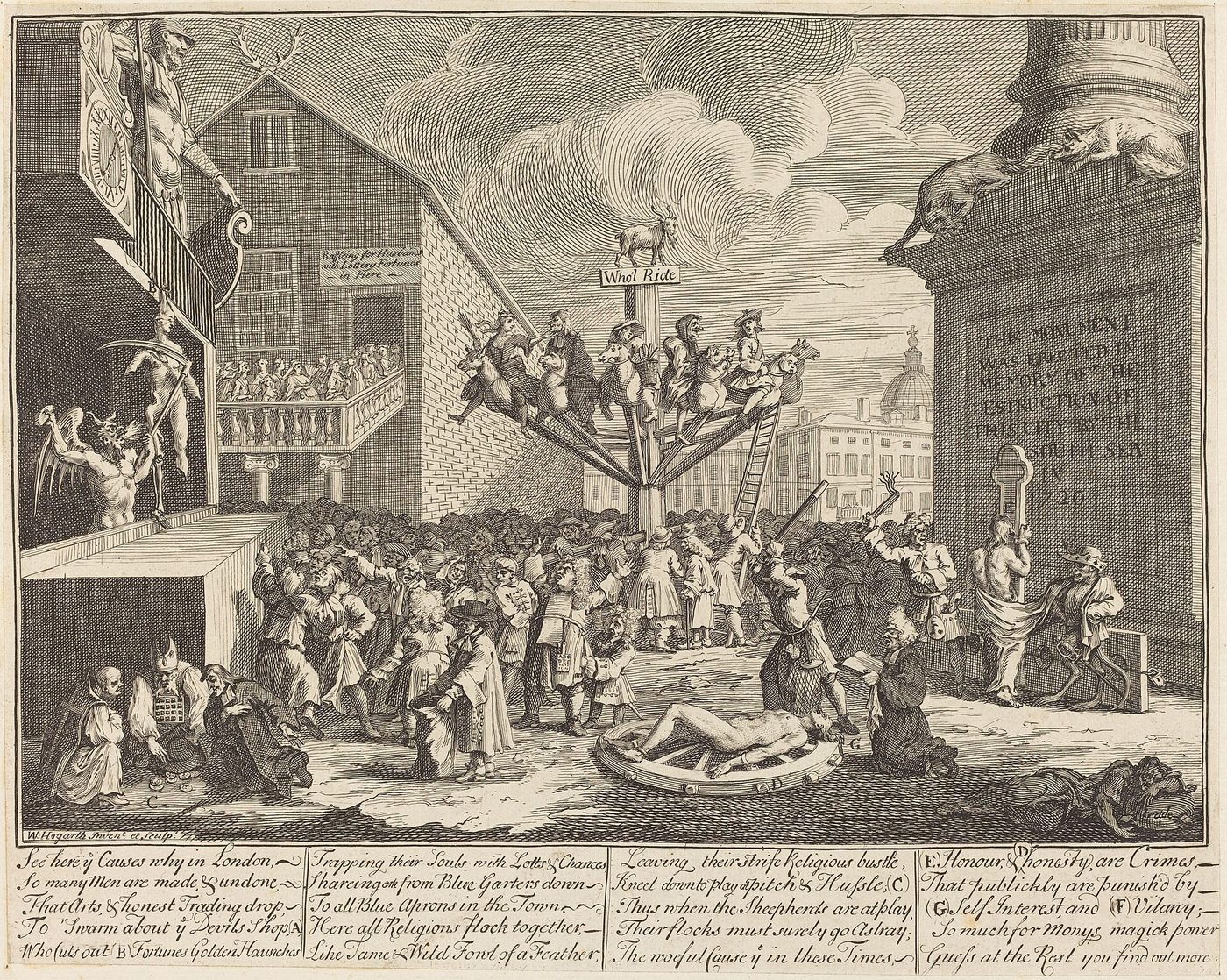 Grabado de 1721 con una multitud en una plaza de Londres que monta en un tiovivo de madera mientras al fondo un monumento lleva una inscripción satírica y en primer plano una figura azota a otra