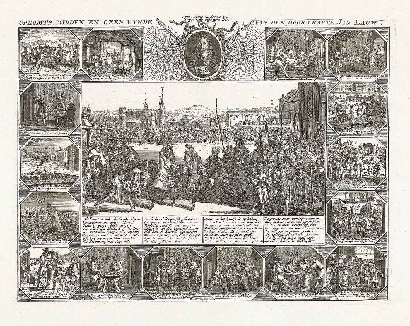 Grabado satírico holandés de 1720 con una escena central de un cortejo que recibe a un personaje en una ciudad y dieciséis viñetas alrededor que narran episodios de la vida de John Law, con su retrato arriba entre telarañas