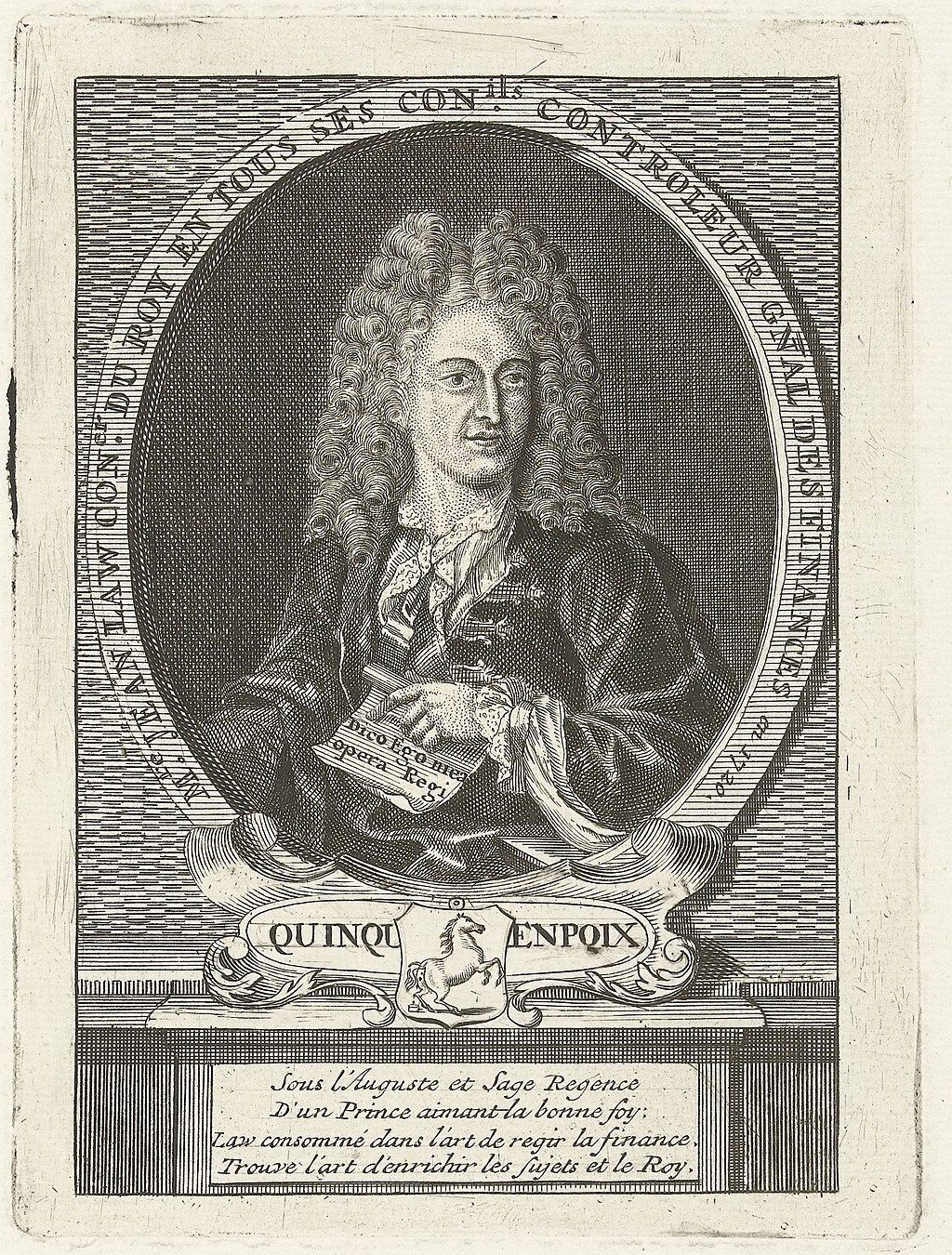 Retrato grabado de John Law con peluca larga de rizos dentro de un marco ovalado, con una inscripción que lo nombra controlador general de finanzas en 1720 y cuatro versos en francés al pie