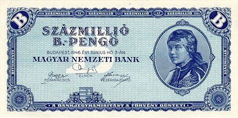 Billete azul húngaro de 1946 con la leyenda Százmillió B.-pengő, el retrato de una mujer joven a la derecha y una letra B grande en las esquinas
