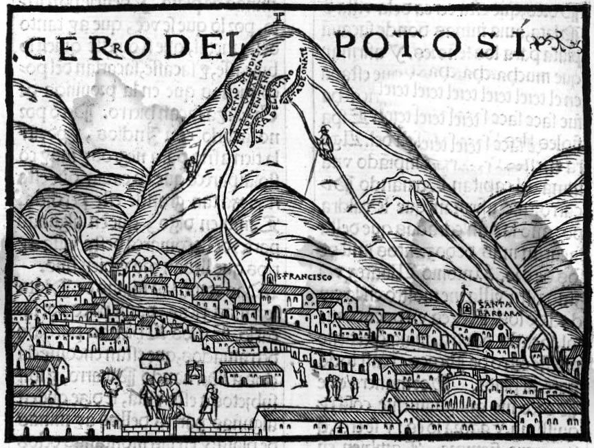 Grabado en madera del siglo XVI con un cerro puntiagudo cruzado por caminos, con la inscripción Cerro del Potosí arriba y una ciudad de casas bajas a sus pies