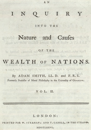 Portada impresa del segundo volumen de An Inquiry into the Nature and Causes of the Wealth of Nations, de Adam Smith, Londres, 1776