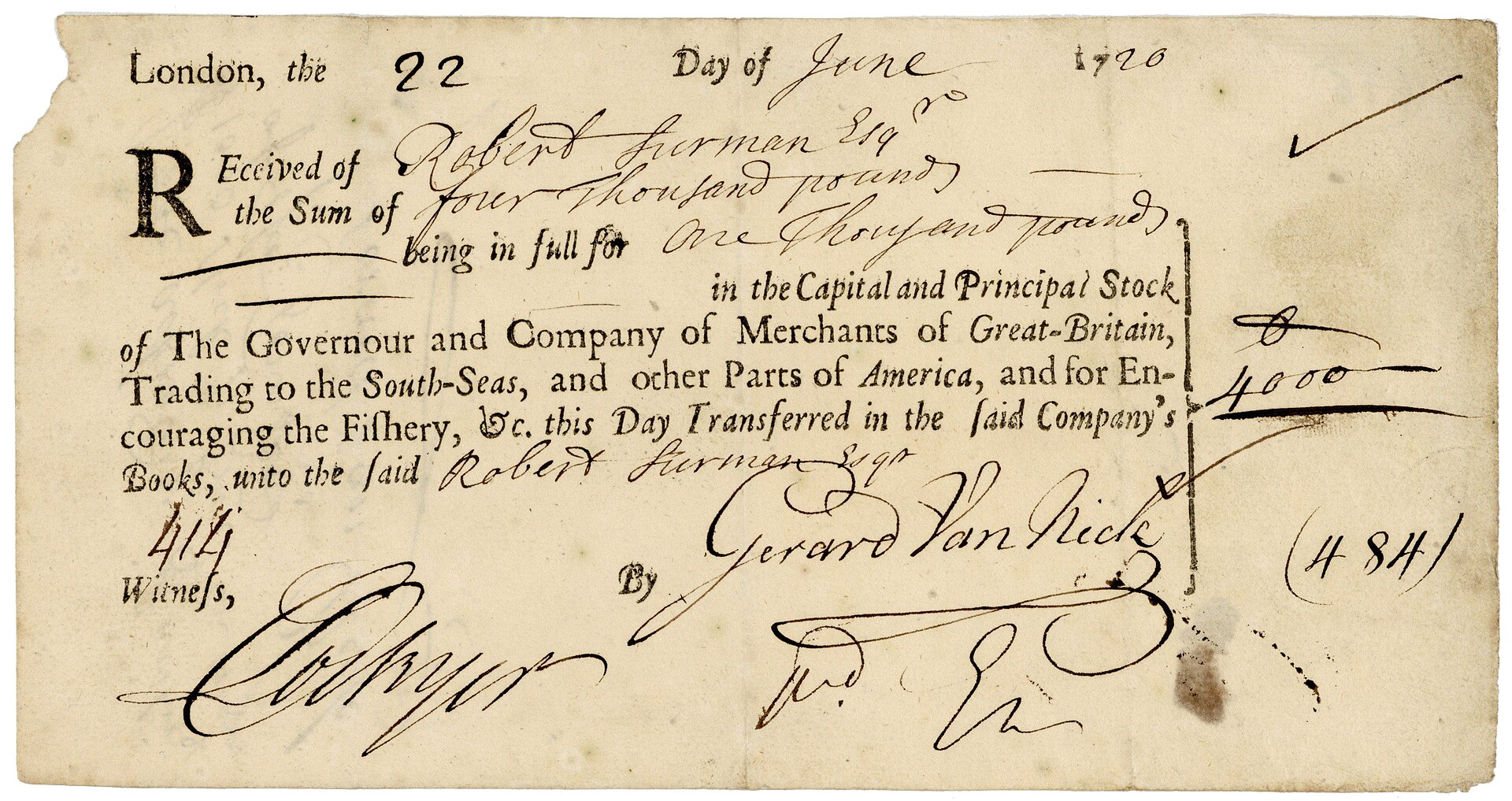 Recibo manuscrito de 1720 por una transferencia de acciones de la South Sea Company, con el nombre de la compañía, las firmas y las cantidades escritas a pluma