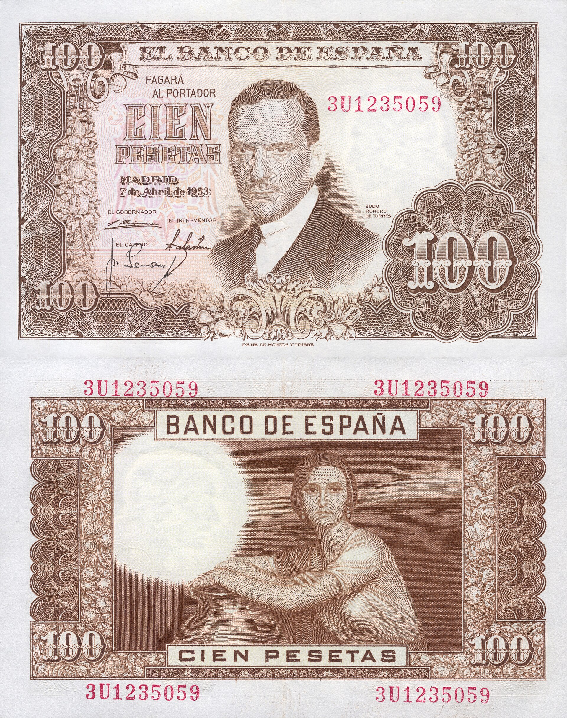 Billete español de cien pesetas de 1953