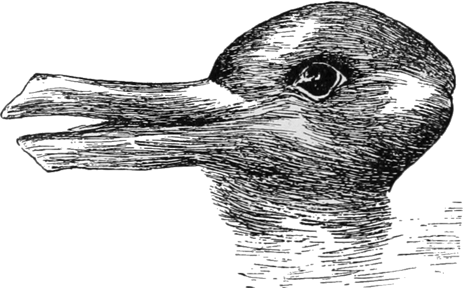 Dibujo de línea que puede verse a la vez como la cabeza de un pato mirando a la izquierda o la de un conejo mirando a la derecha