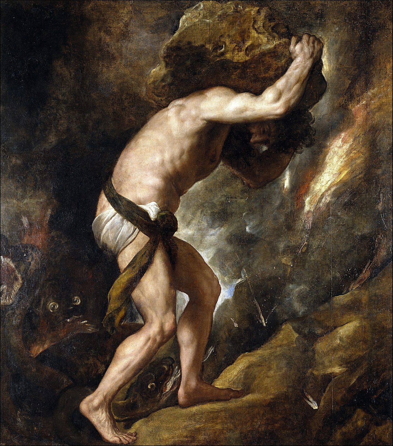 Pintura de Tiziano en la que Sísifo carga una roca enorme sobre la espalda en un paisaje oscuro