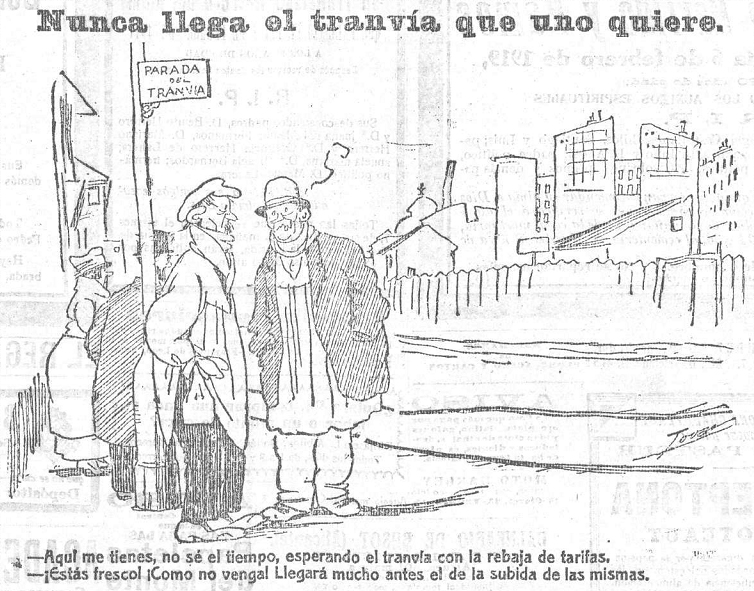 Viñeta de Tovar de 1919 en el Heraldo de Madrid sobre los tranvías madrileños