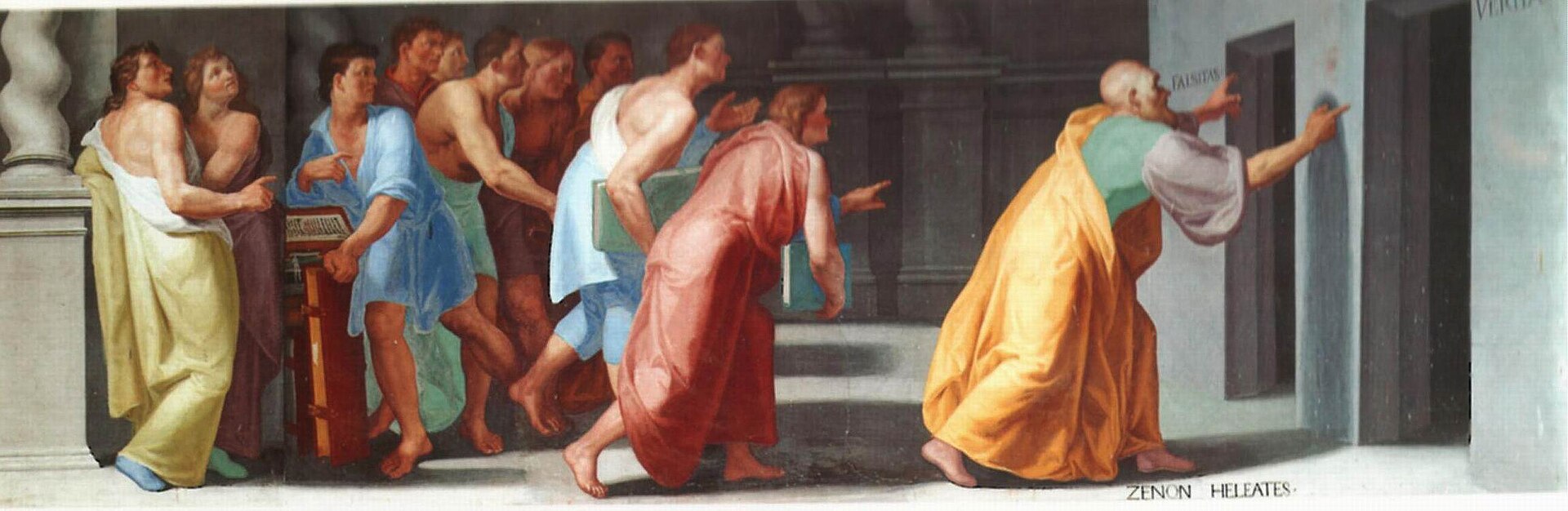 Fresco de la biblioteca de El Escorial que representa a Zenón de Elea mostrando a sus discípulos las puertas de la verdad y la falsedad
