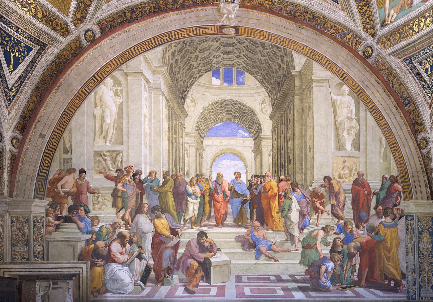 La escuela de Atenas de Rafael, con Platón señalando al cielo y Aristóteles con la palma hacia el suelo